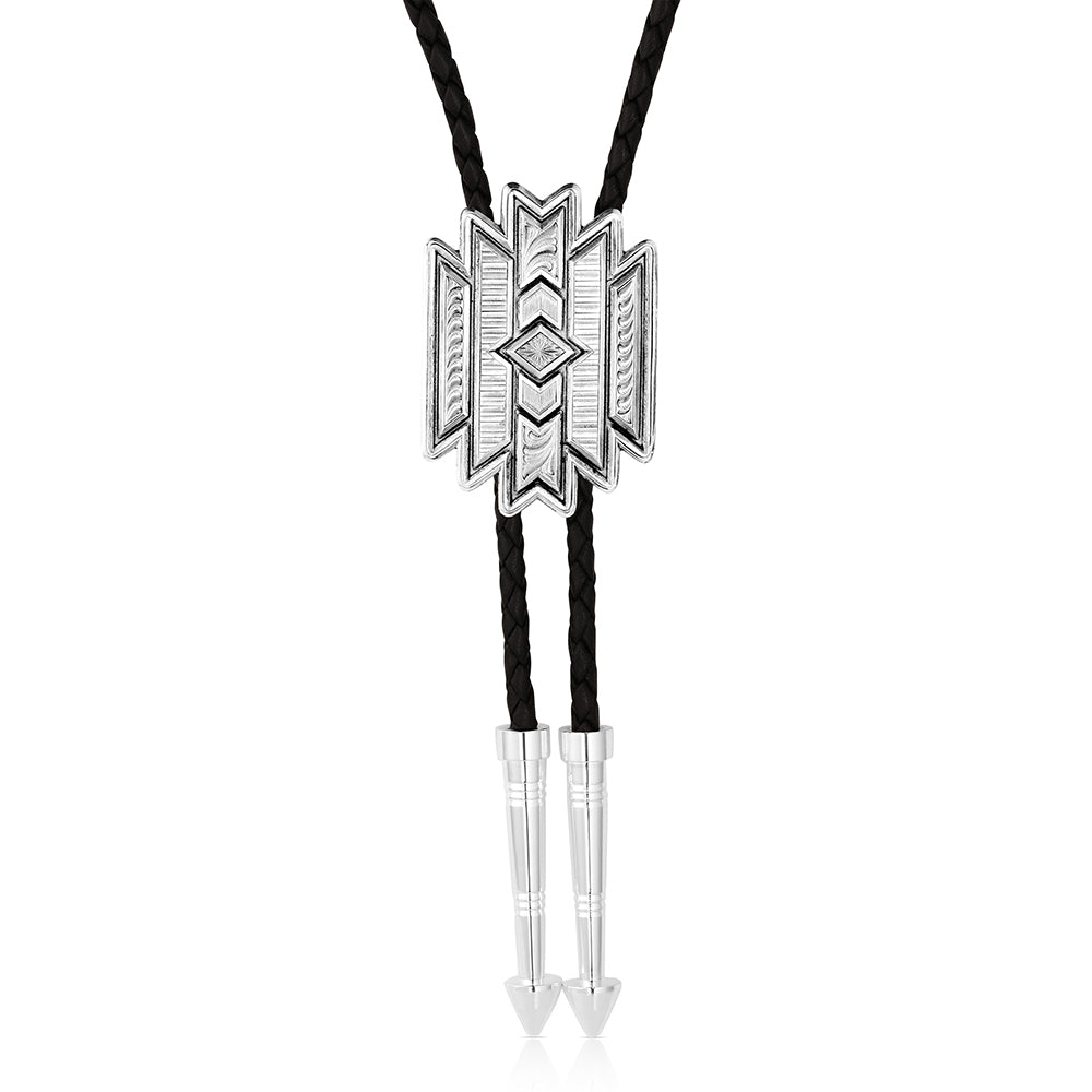 Bolo tie with geometric design on a white background