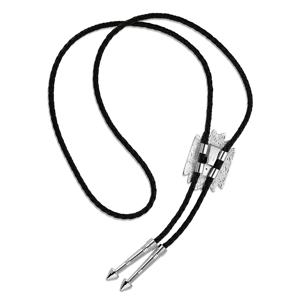 Black cord necklace with silver clasp on a white background