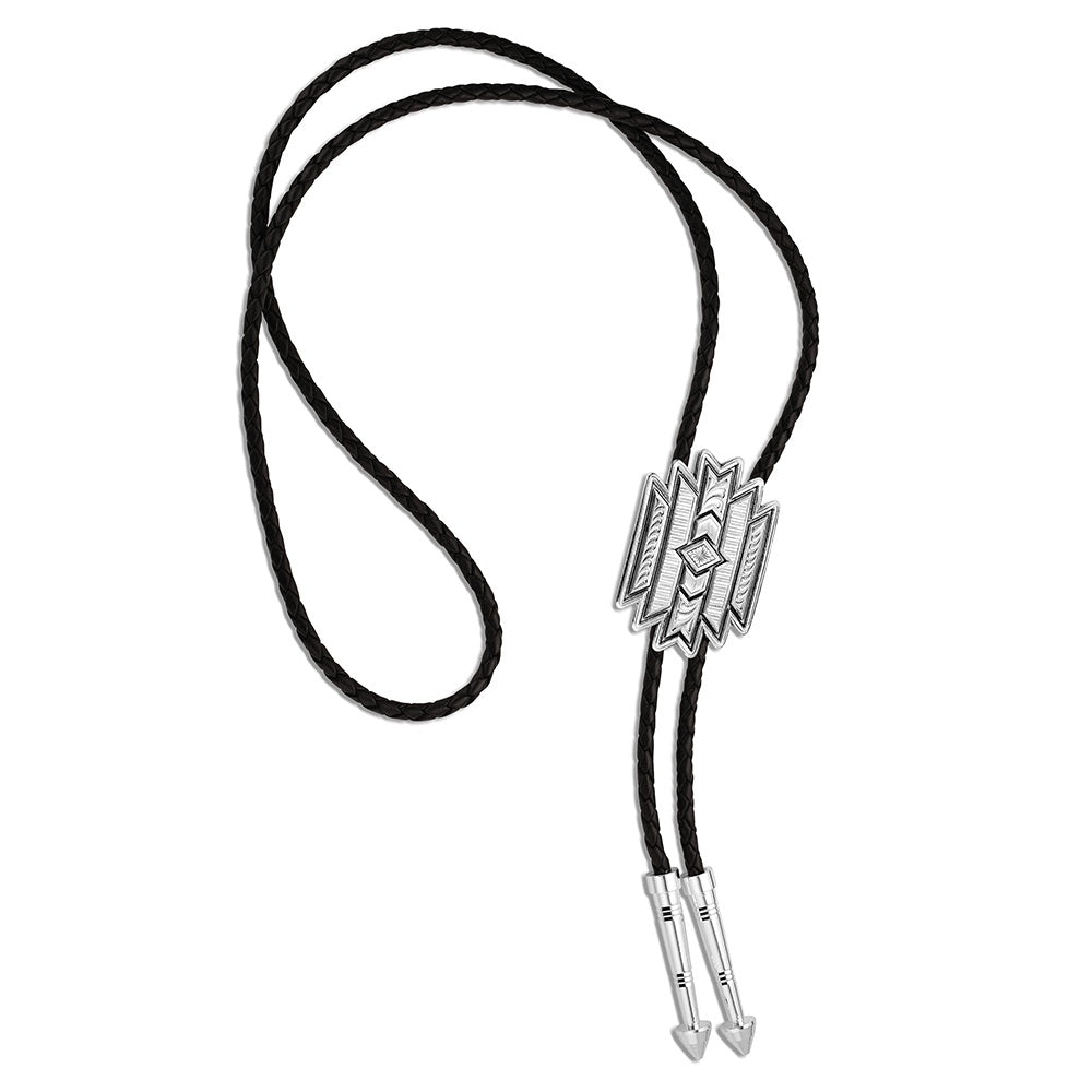 A black twisted cord bolo tie with a silver-toned geometric metal centerpiece and matching silver-toned end tips, shown on a plain white background.