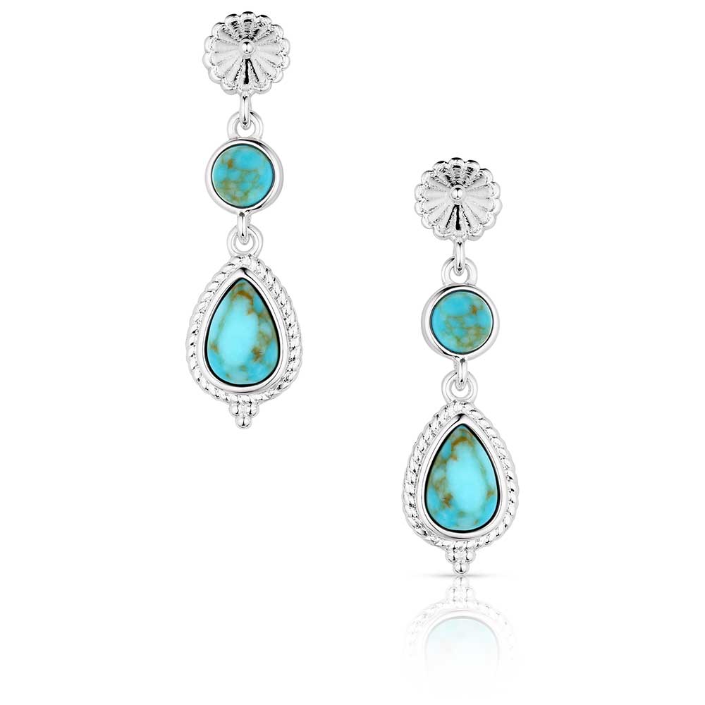Montana Silversmiths Desert Bloom Earrings. Pair of silver earrings with turquoise stones on a white background