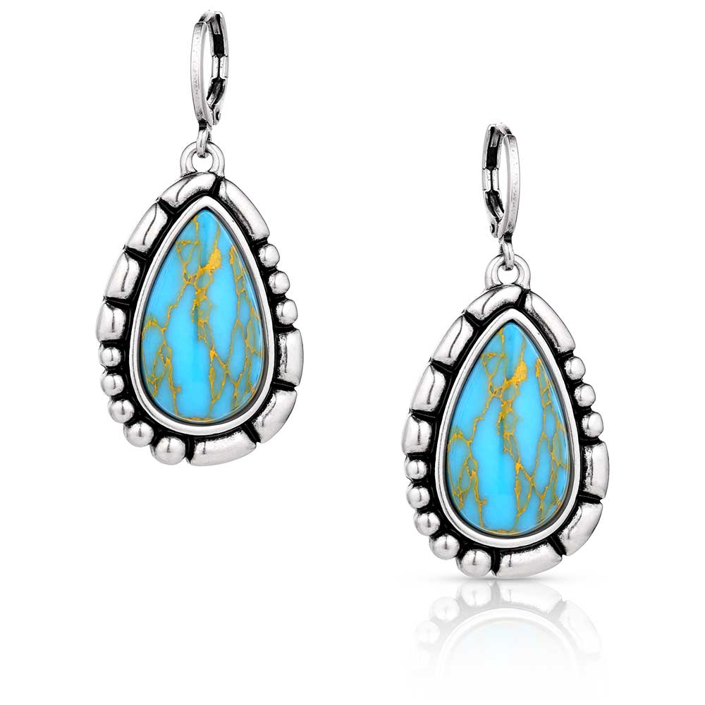 Montana Silversmith Prickly Pear Turquoise Earrings. Teardrop-shaped earrings with turquoise stones and gold marbling on a white background