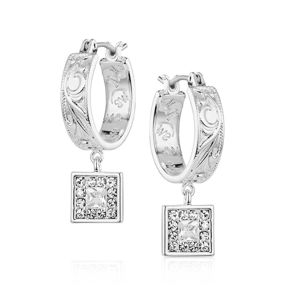Silver hoop earrings with square pendant drops on a white background