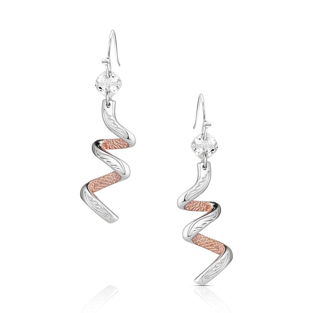 Spiral earrings with silver and rose gold accents on a white background
