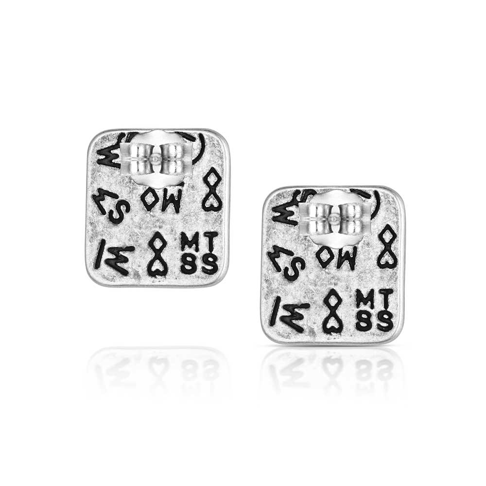 Pair of silver earrings with black engraved designs on a white background