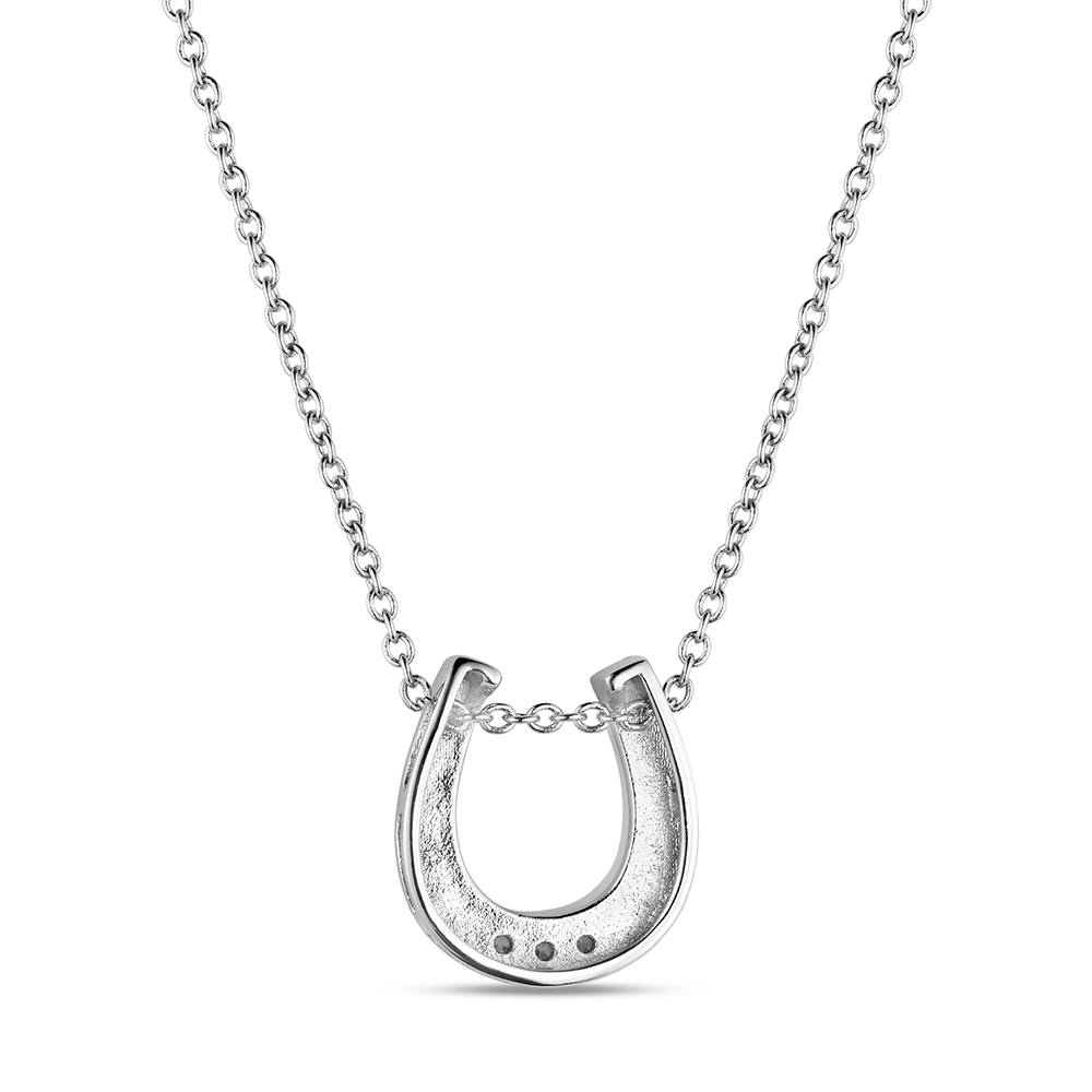 Silver horseshoe pendant necklace on a white background