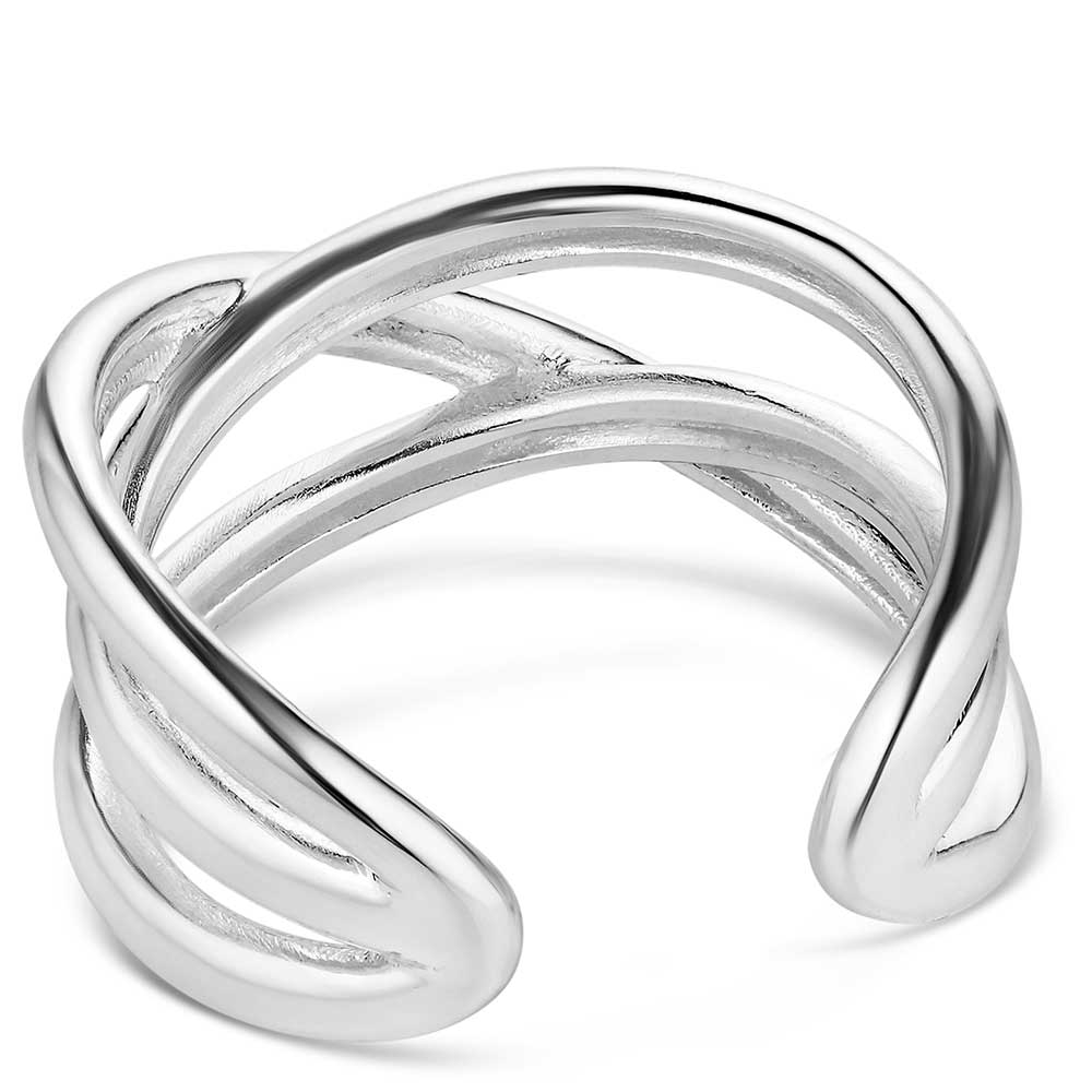 Silver ring with a modern design on a white background