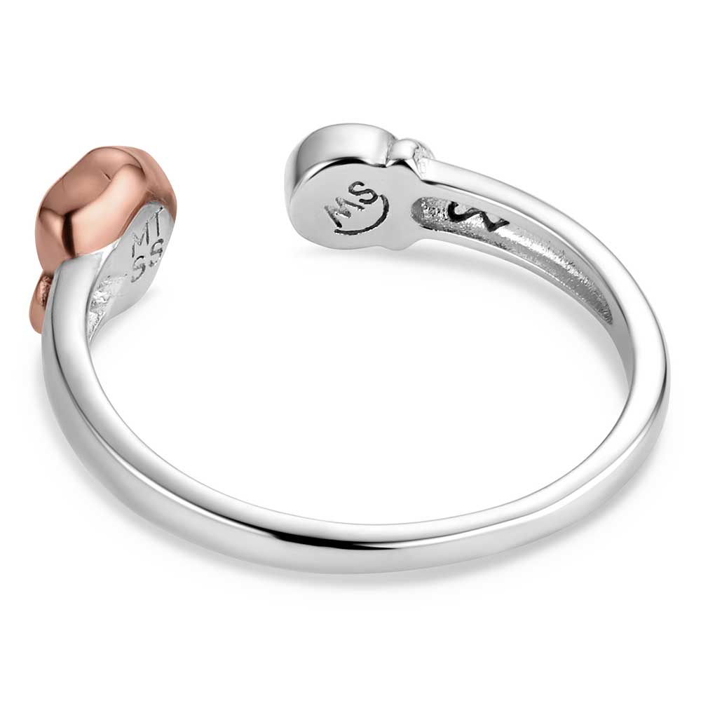 Silver ring with rose gold accents on a white background