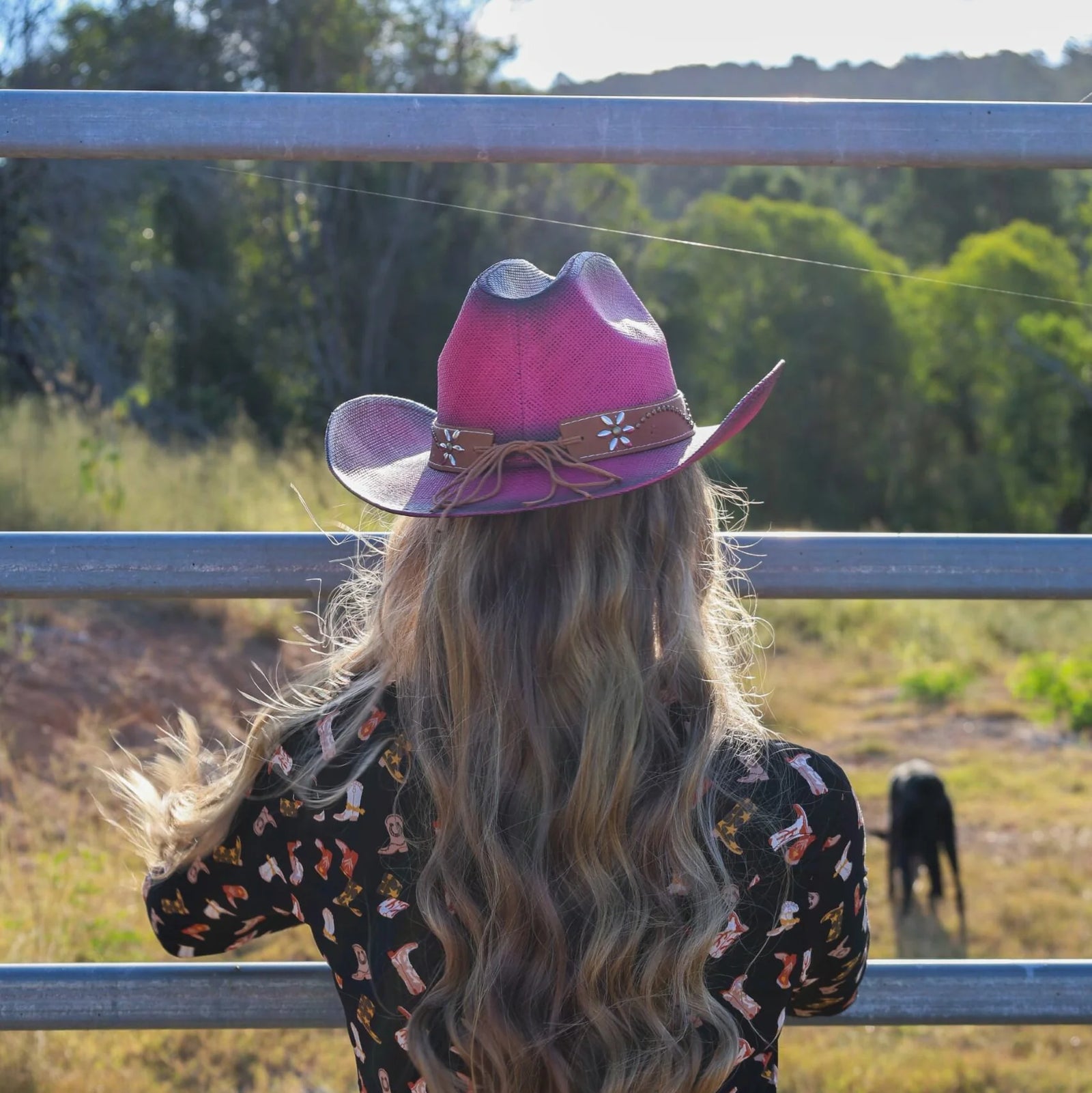 Person wearing a pink cowboy hat and patterned shirt standing by a fence with a horse in the background.