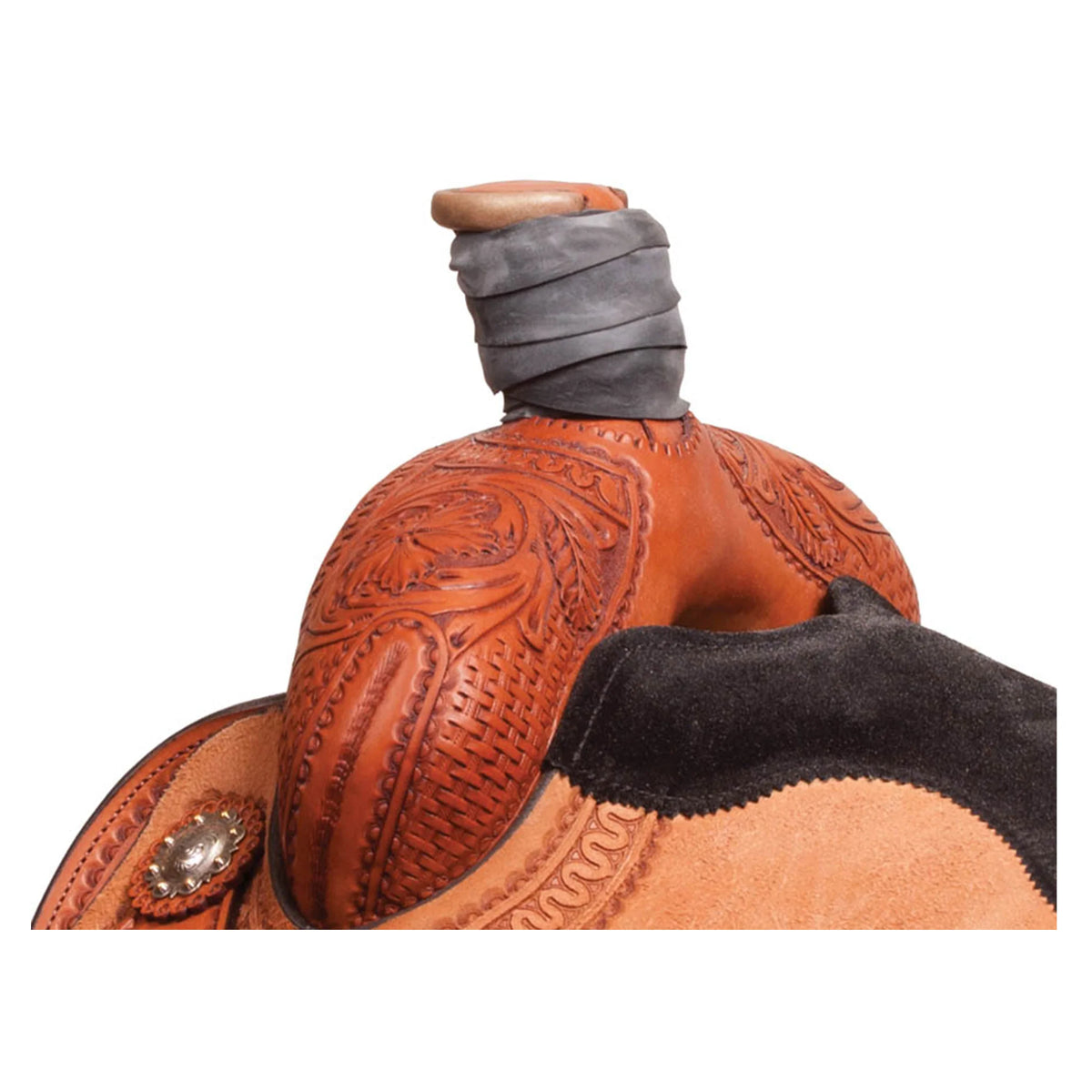 Close-up of a western saddle showing the carved brown leather shoulder, dark gray wrapped horn cover, and black leather fender on a white background.