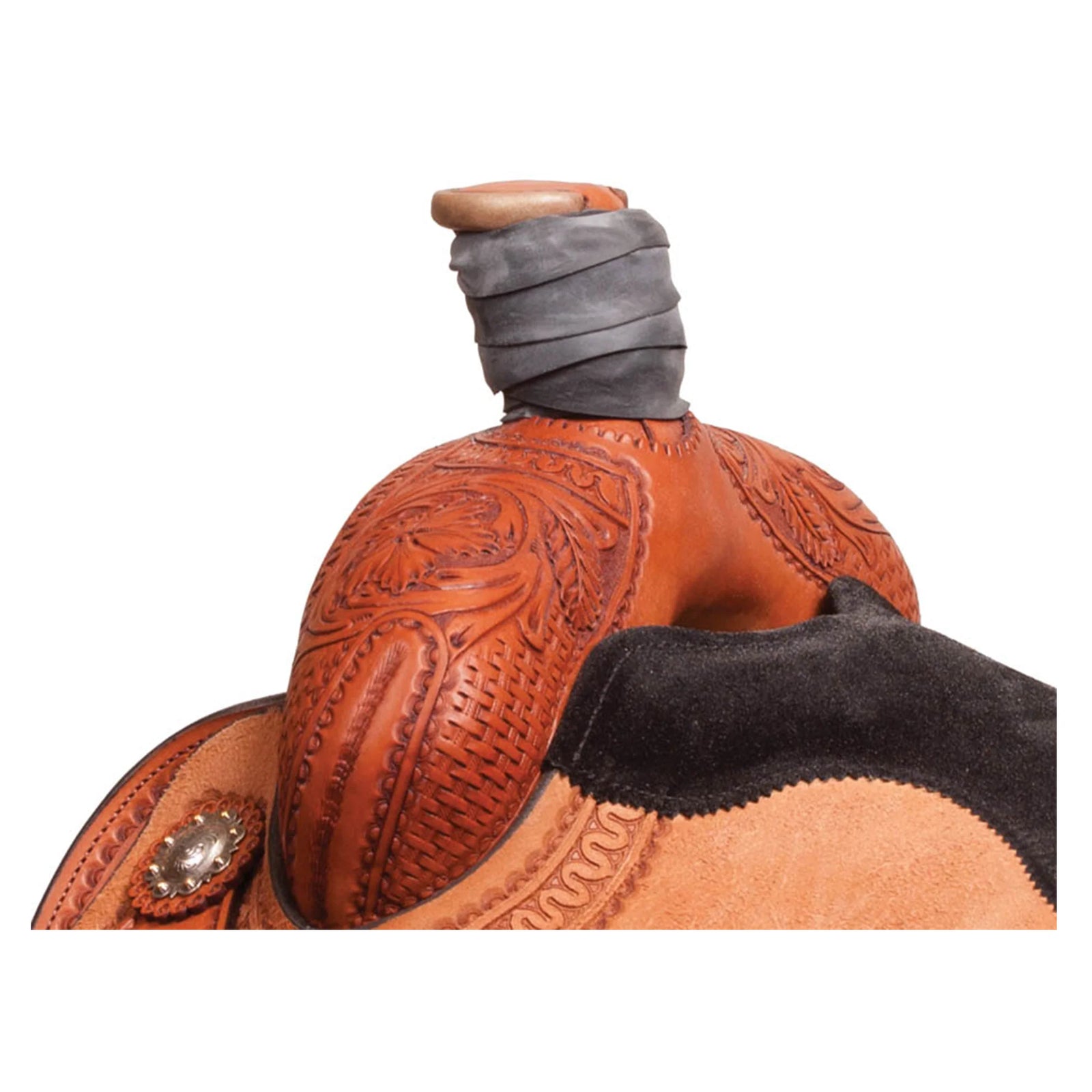 Close-up of a western saddle showing the carved brown leather shoulder, dark gray wrapped horn cover, and black leather fender on a white background.