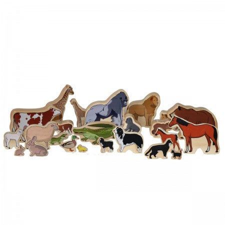 The Freckled Frog Animal Families. Set of wooden animal figures on a white background