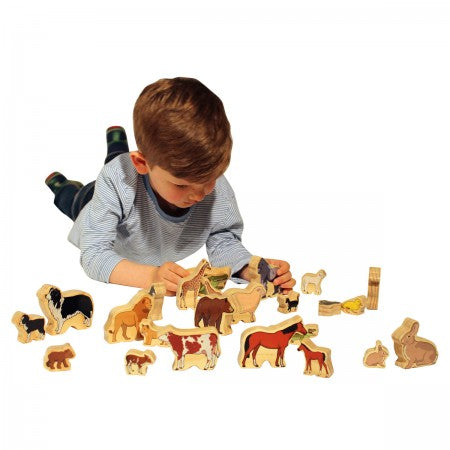 The Freckled Frog Animal Families. Child playing with wooden animal toys on a white background