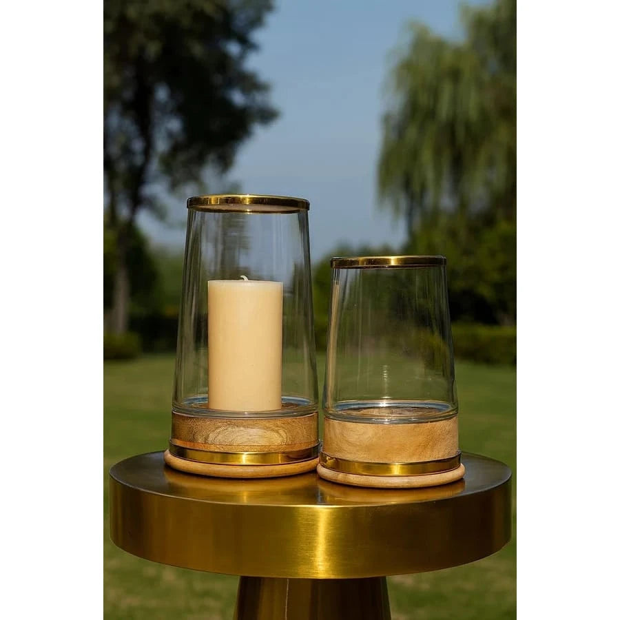 Flair Glass Hurricane With Brass Bands &amp; Wood Base Large Flair