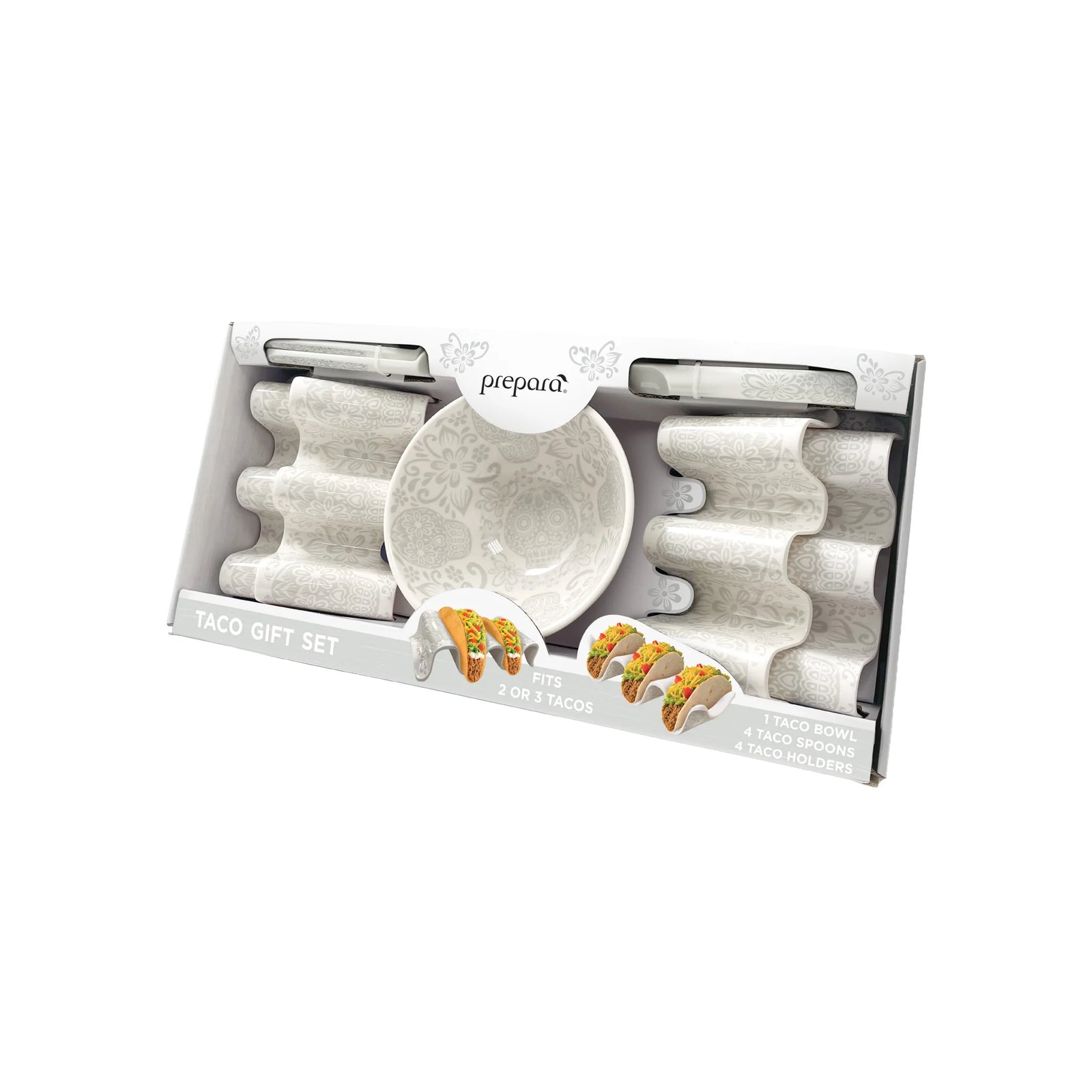 A Prepaud Taco Gift Set in its retail packaging, featuring a white ceramic bowl with a floral pattern and four matching white ceramic taco holders.