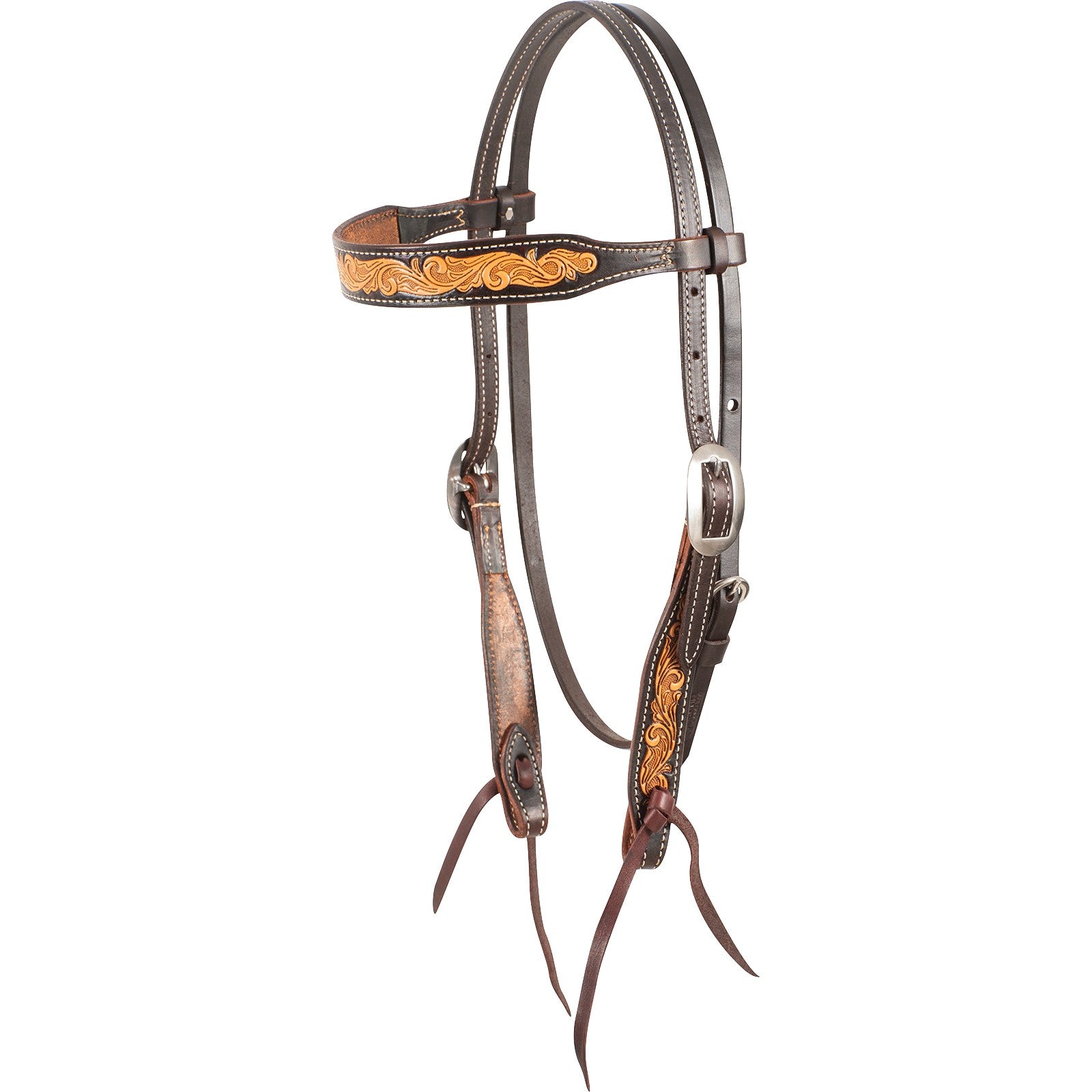 Martin Saddlery Browband Headstall with Framed Scroll Tooling. Brown leather horse bridle with decorative elements on a white background