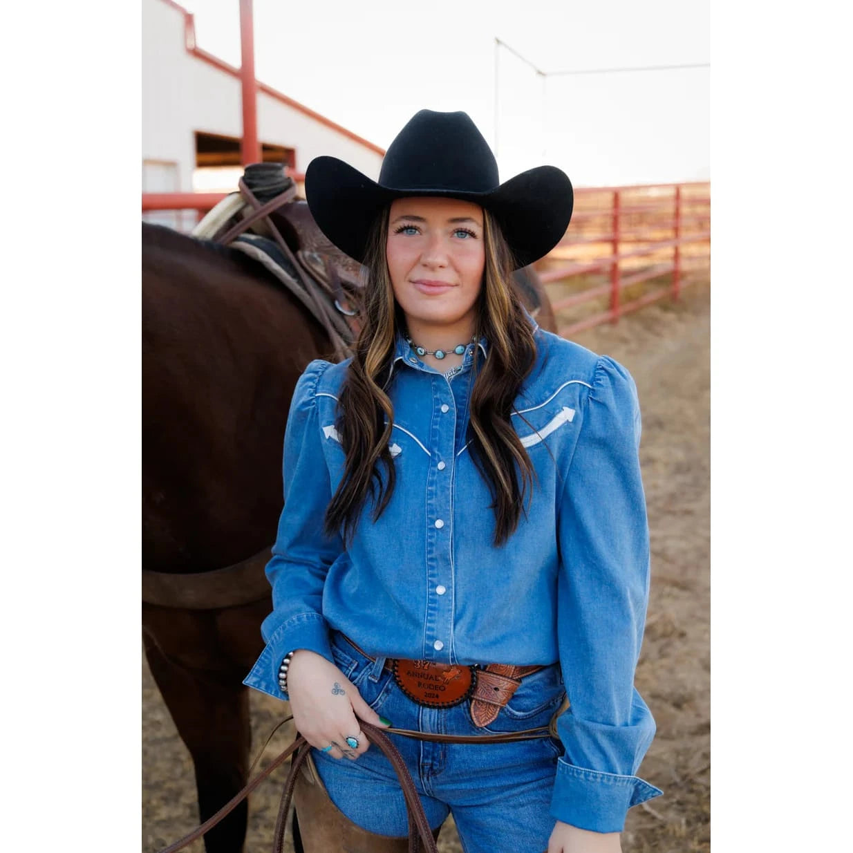 Howdy Hanny Women's Denim Pearl Snap Long Sleeve Western Shirt Howdy Hanny