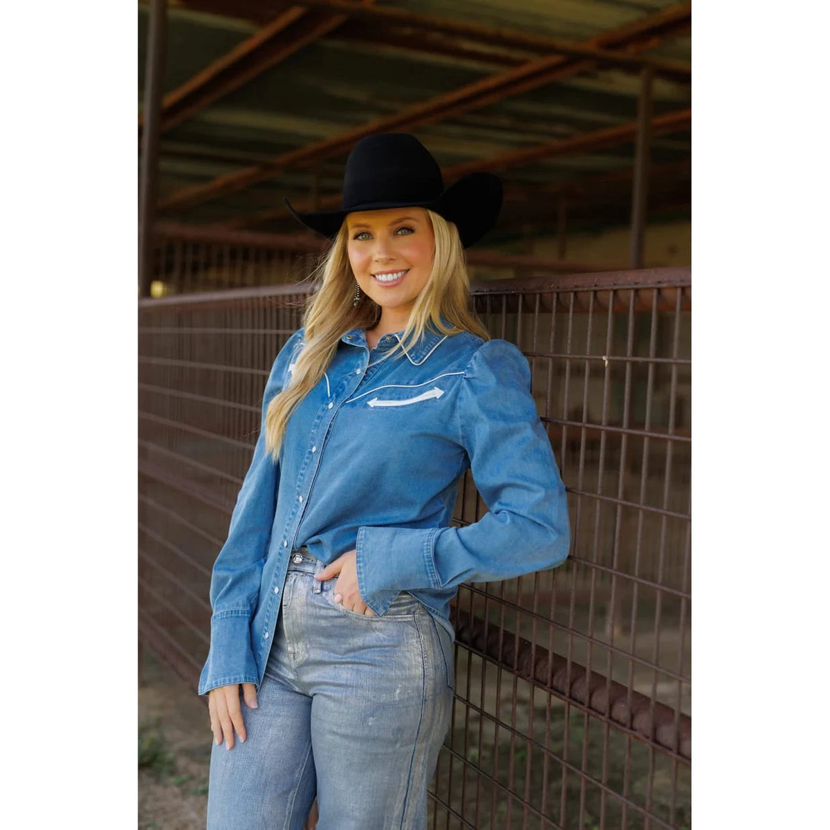 Howdy Hanny Women's Denim Pearl Snap Long Sleeve Western Shirt Howdy Hanny