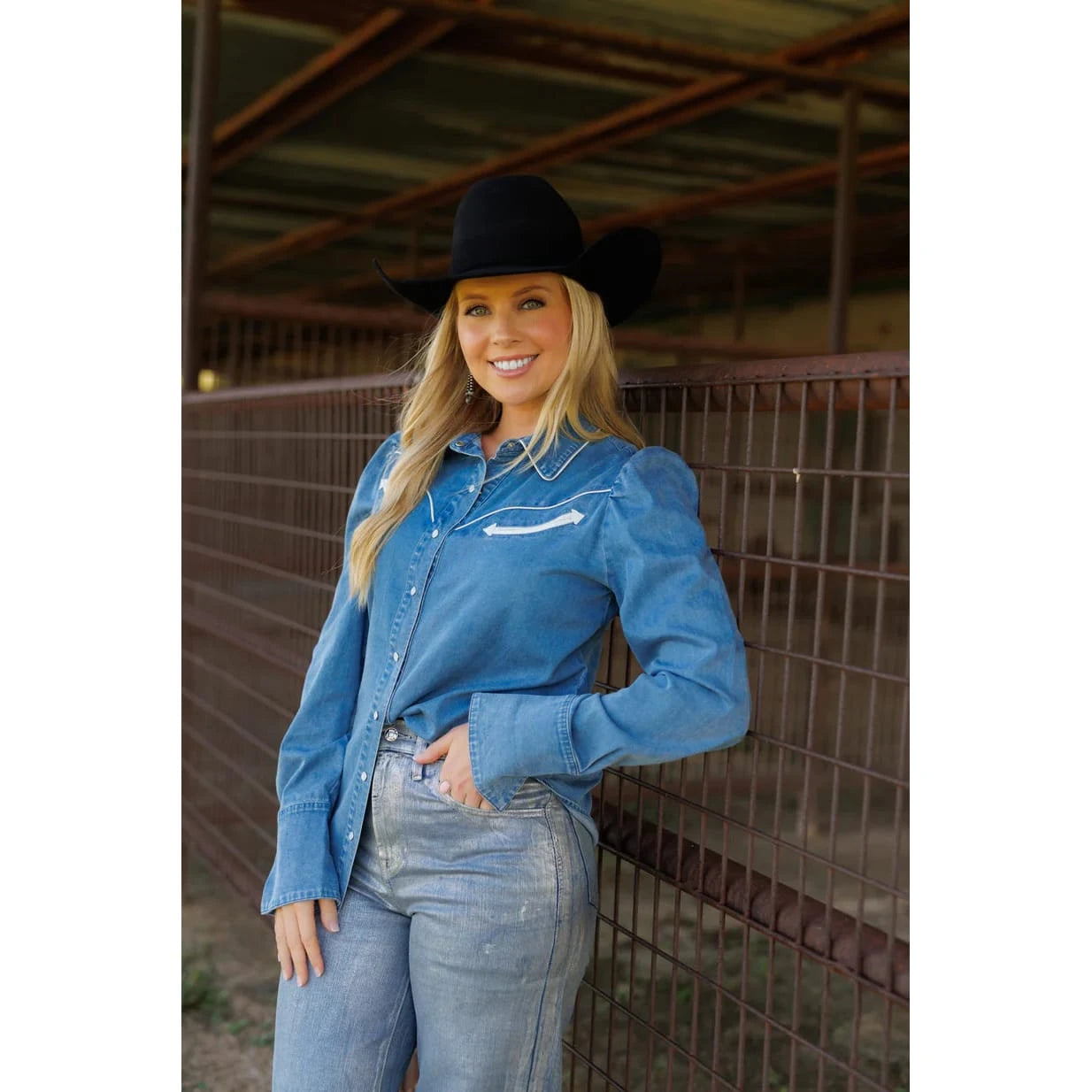 Howdy Hanny Women's Denim Pearl Snap Long Sleeve Western Shirt Howdy Hanny