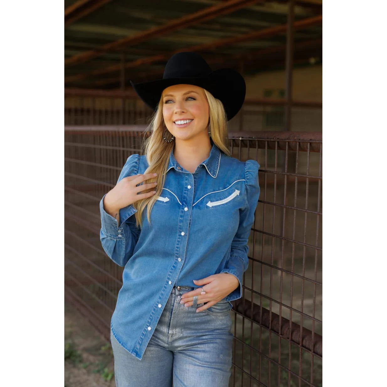 Howdy Hanny Women's Denim Pearl Snap Long Sleeve Western Shirt Howdy Hanny
