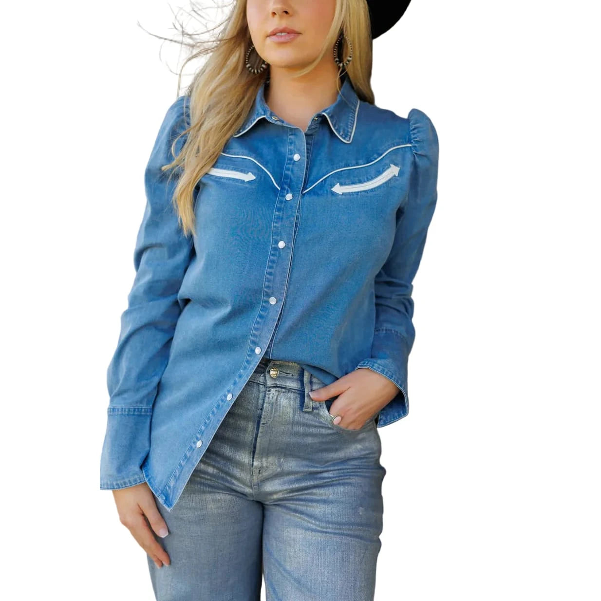 Howdy Hanny Women's Denim Pearl Snap Long Sleeve Western Shirt Howdy Hanny