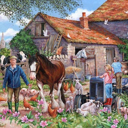 MacDonalds Farm - Big 500 piece. Farm scene with a man, horse, and various animals in front of a barn.
