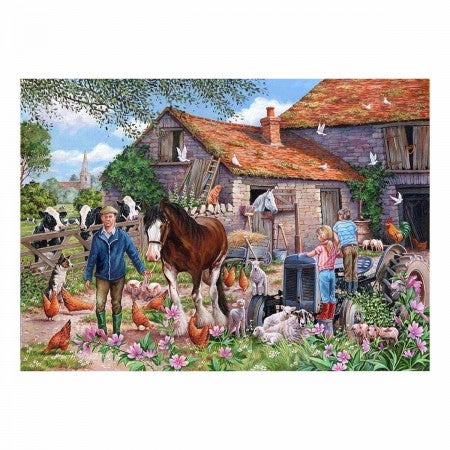 MacDonalds Farm - Big 500 piece. Farm scene with a man, horse, and various animals in front of a barn.