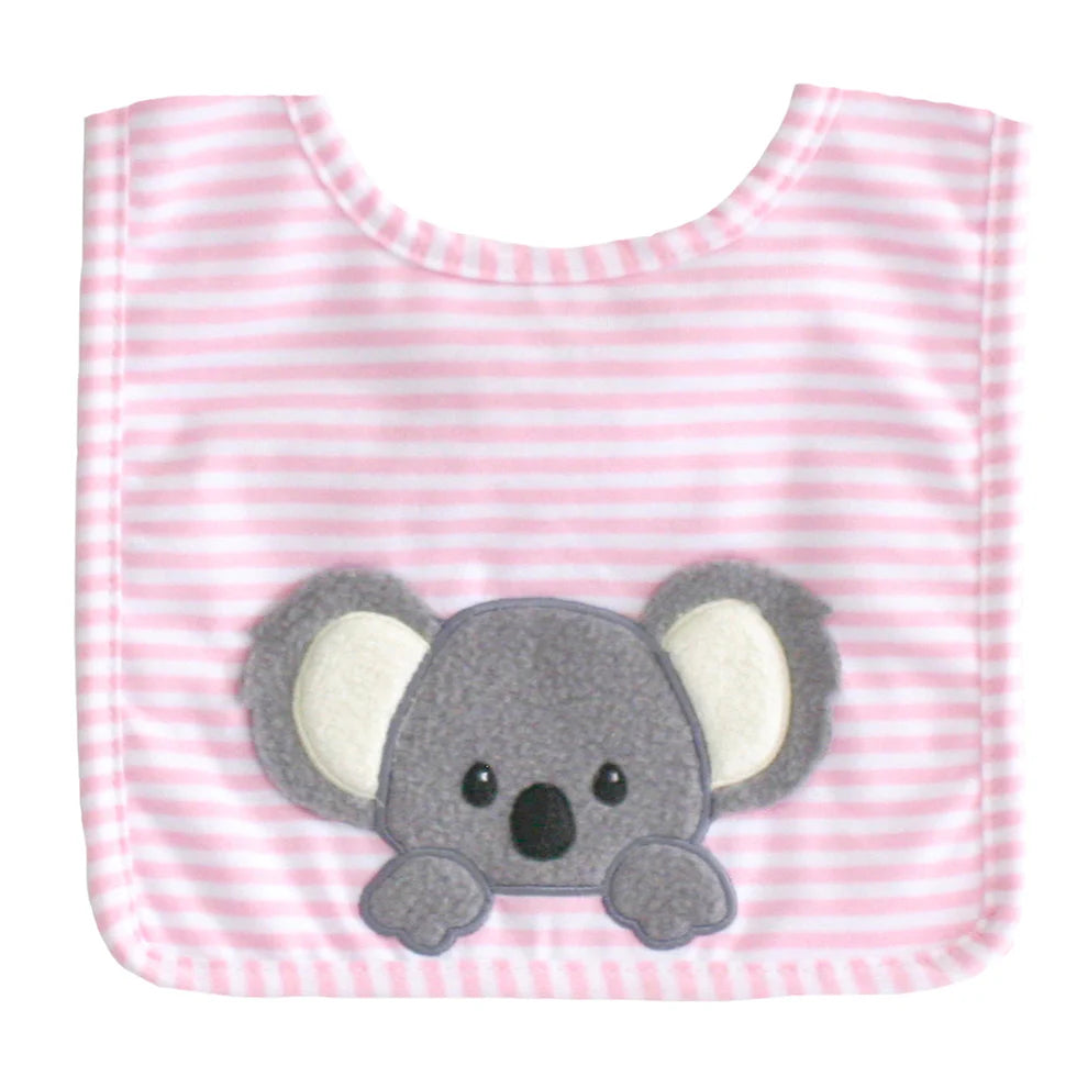 Baby bib with pink and white stripes and a koala applique on a white background