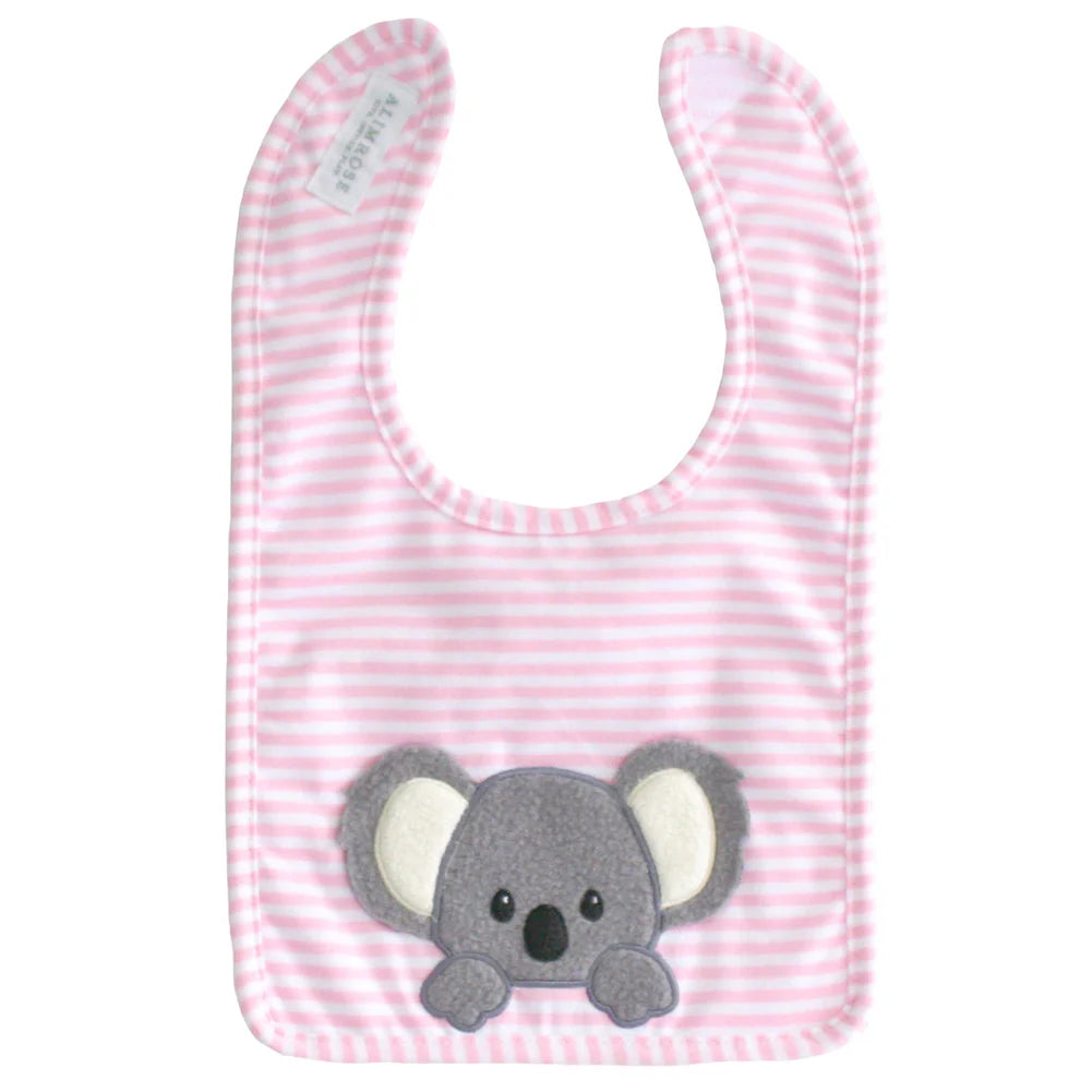 Baby bib with pink and white stripes and a koala applique on a white background