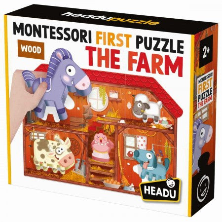 Montessori My First Puzzle The Farm. Montessori First Puzzle The Farm packaging with farm animals and a barn.