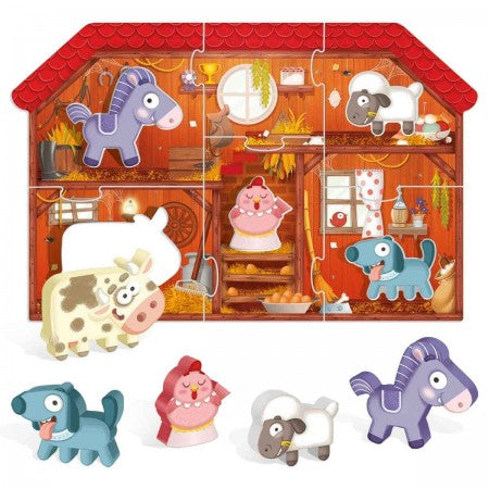 Montessori My First Puzzle The Farm. Set of farm-themed toys including animals and a barnhouse model.
