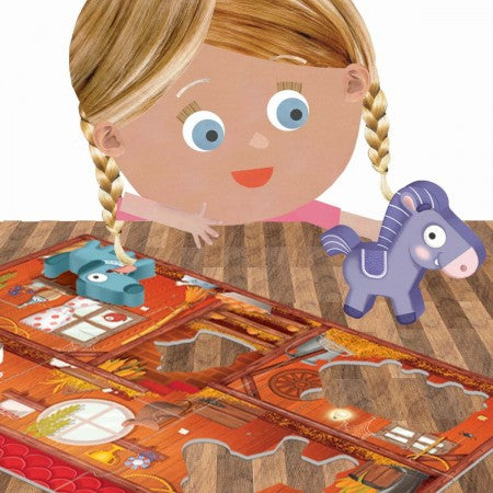 Montessori My First Puzzle The Farm. Set of farm-themed toys including animals and a barnhouse model.