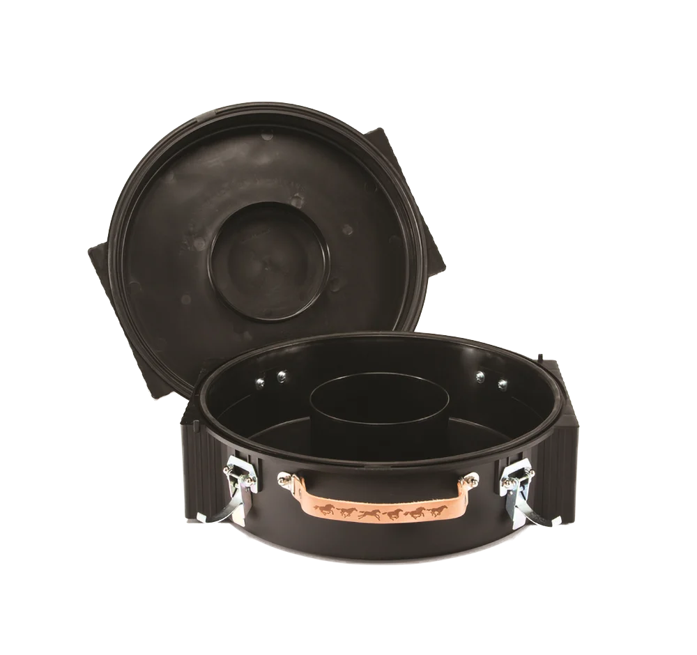 A black cast iron multi-compartment pot with a lid, shown with the lid propped open behind the pot. The pot features a copper-colored handle with a black grip and silver metal latches.