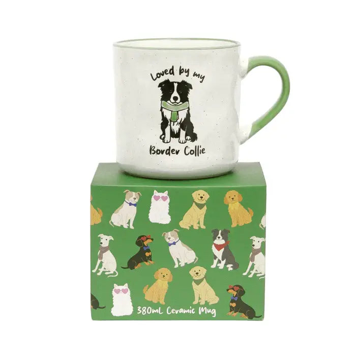 A speckled off-white ceramic mug with a green handle and printed text reading 'Loved by my Border Collie' above a black-and-white collie illustration, displayed on top of a green gift box decorated with dog illustrations.