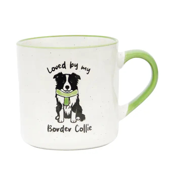 A white speckled ceramic mug with a light green handle and rim, featuring a black and white Border Collie illustration wearing a green scarf, with the text 'Loved by my Border Collie' printed on the front.