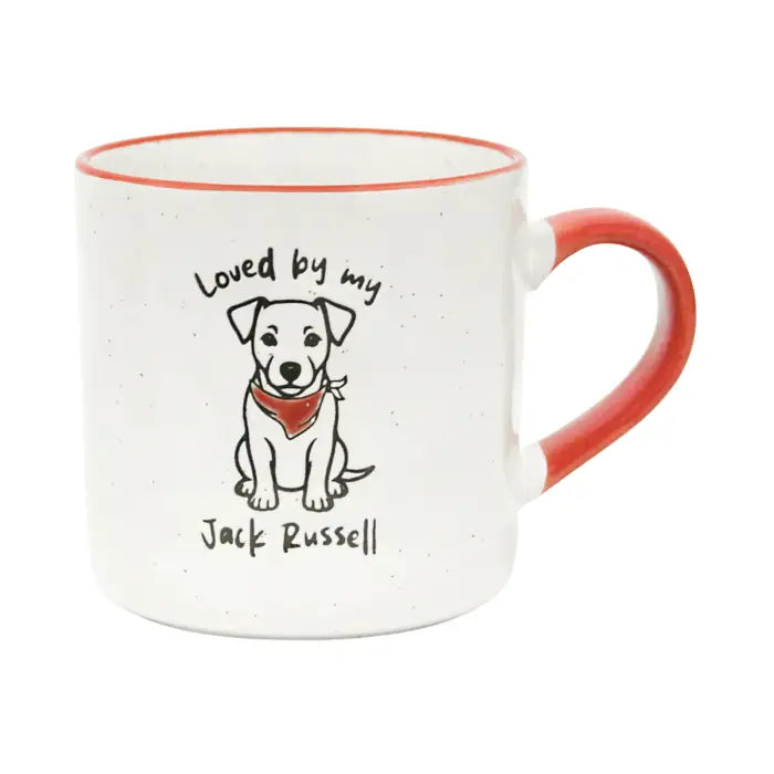 A white ceramic mug with a red handle and red interior rim, featuring a black line drawing of a puppy wearing a red bandana with the text 'Loved by my Jack Russell' printed on the front.