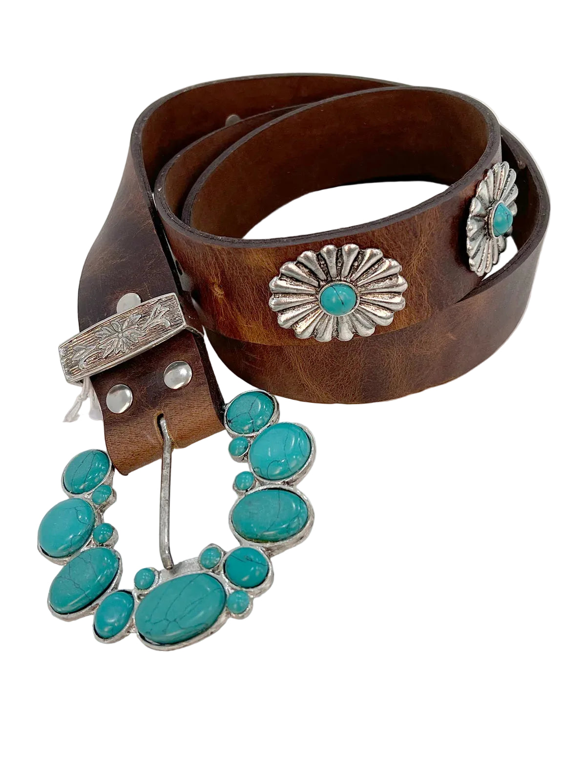 A brown leather belt with silver-tone concho-style hardware and multiple turquoise stones, coiled on a white background.
