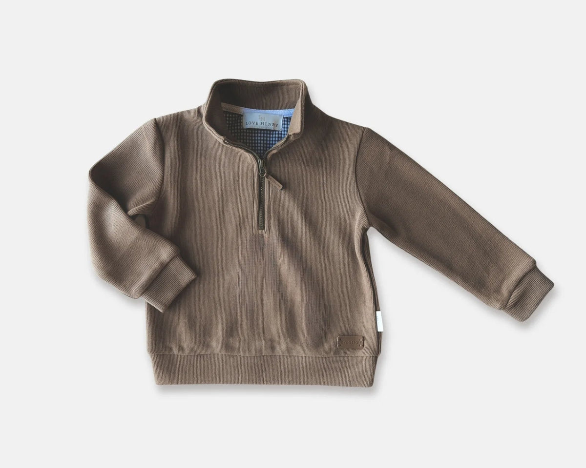 Love Henry Baby Boy&#39;s Harry Jumper. A brown long-sleeved baby jumper with a zip front detail, made from ribbed cotton fabric.