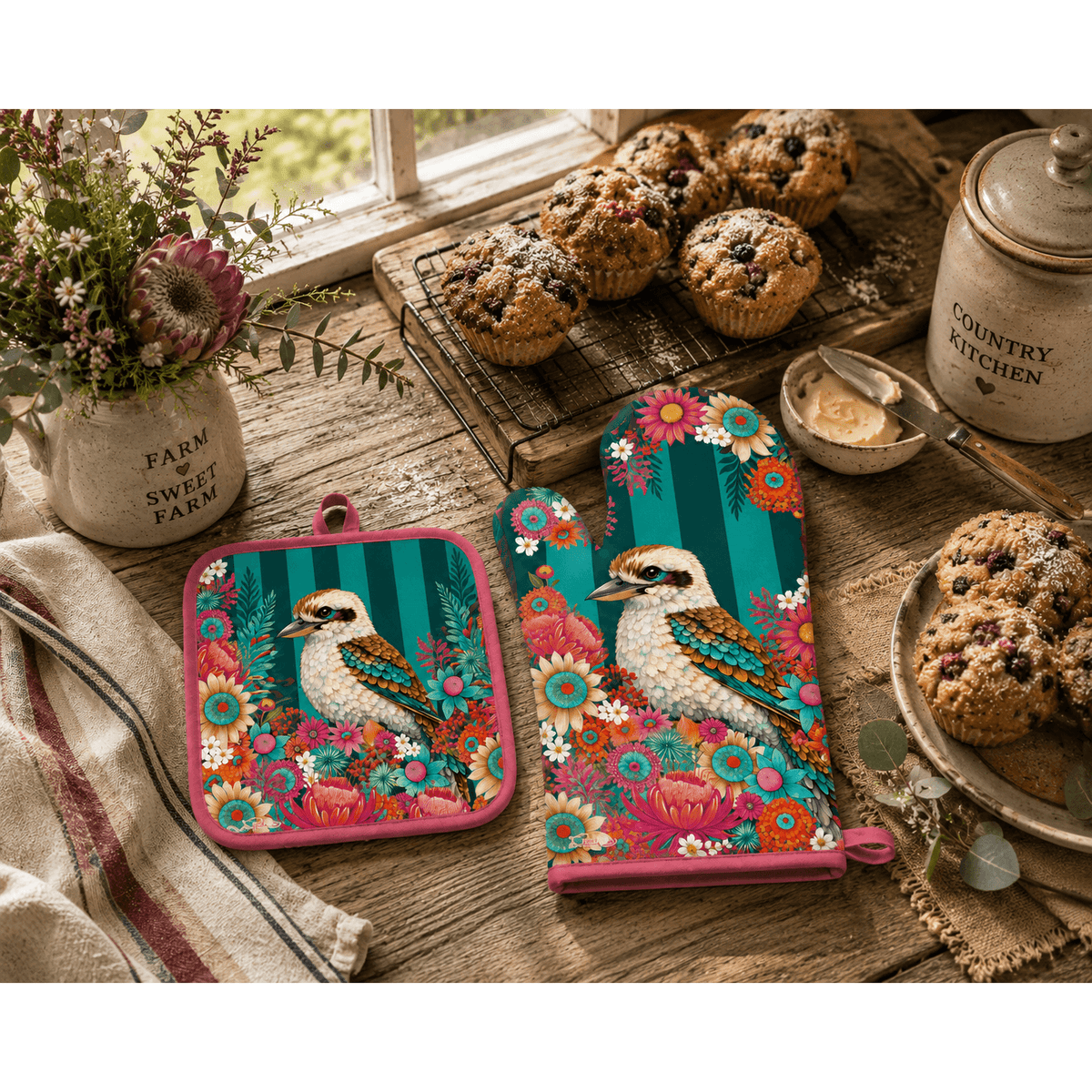 Lisa Pollock Oven Mitt & Pot Holder - Brilliant Kookaburra Lisa Pollock