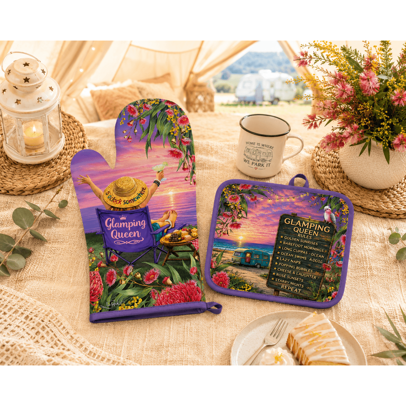 Lisa Pollock Oven Mitt & Pot Holder - Glamping Queen Rules Lisa Pollock