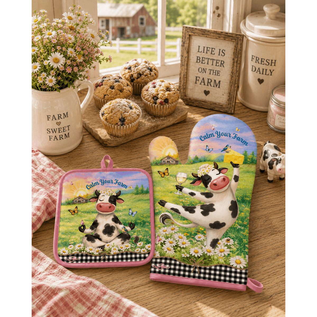 Lisa Pollock Oven Mitt & Pot Holder Set - Calm Your Farm Lisa Pollock