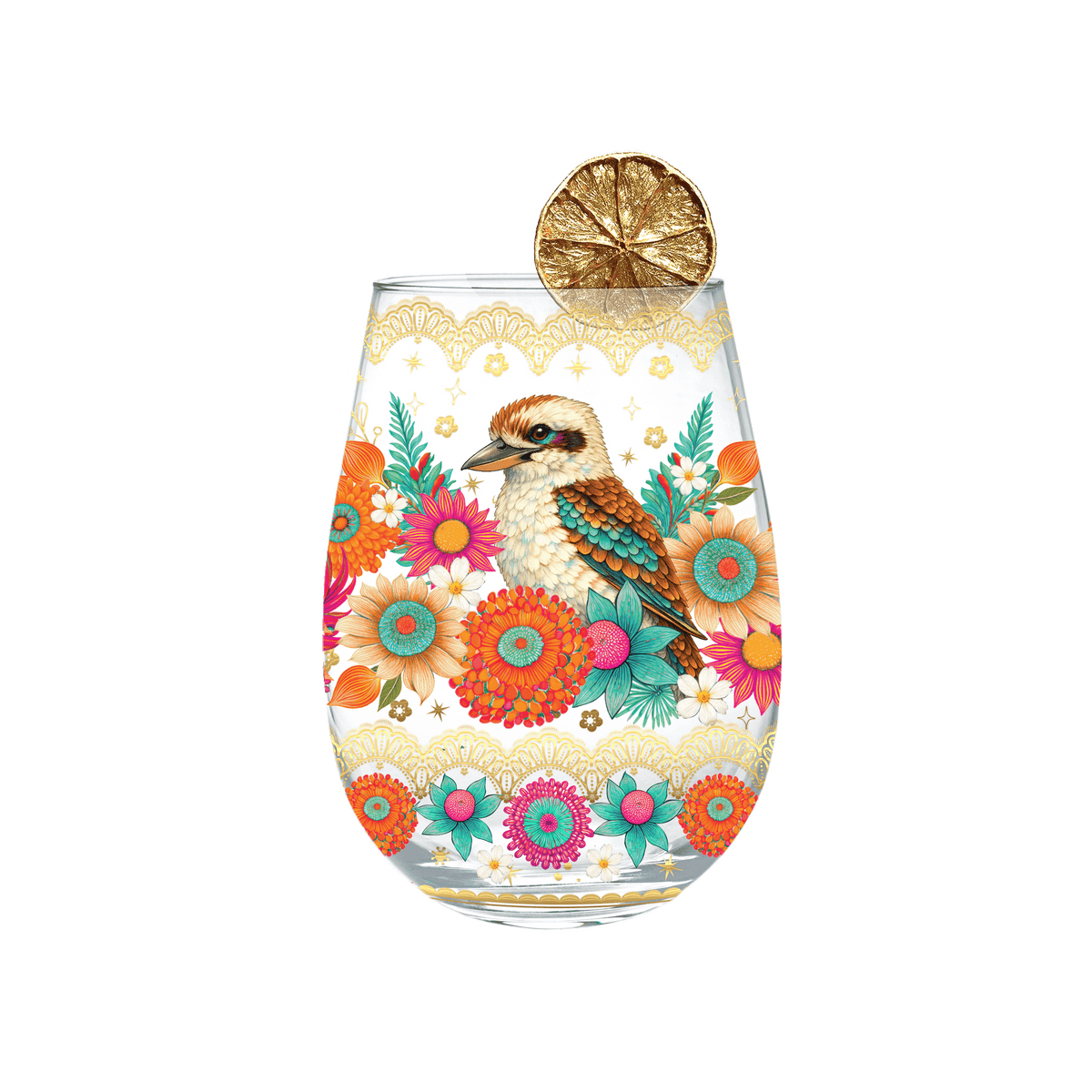 Lisa Pollock Stemless Glass - Brilliant Kookaburra Lisa Pollock