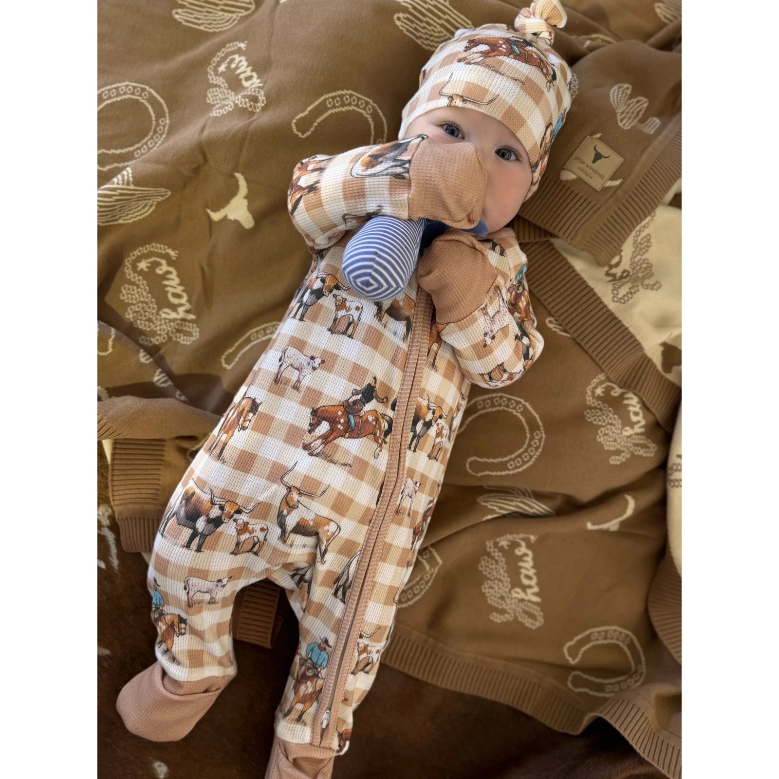 Little Windmill Cowboy Waffle Cotton Onesie With Beanie Little Windmill Co