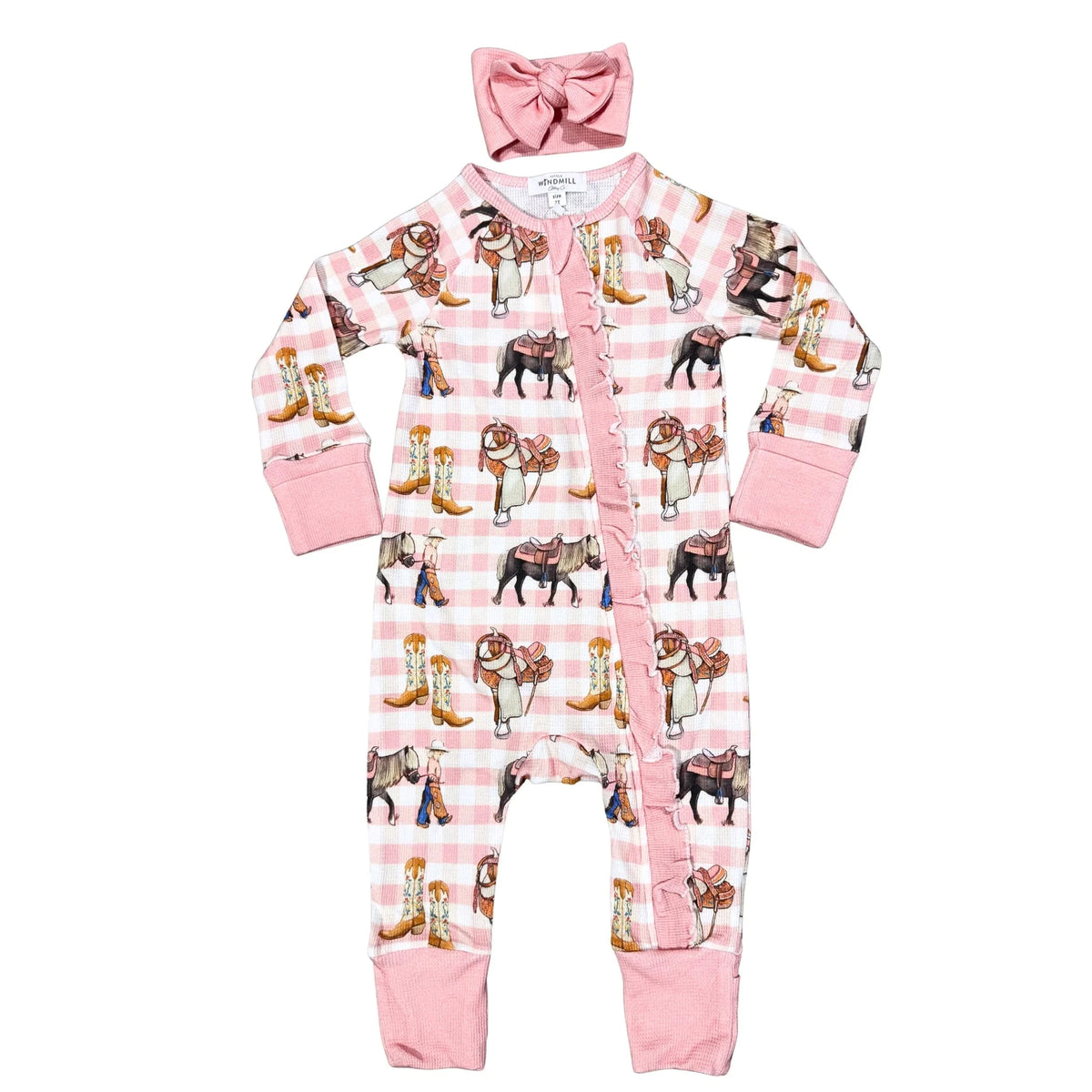Little Windmill Cowgirl Waffle Cotton Onesie With Bow Little Windmill Co