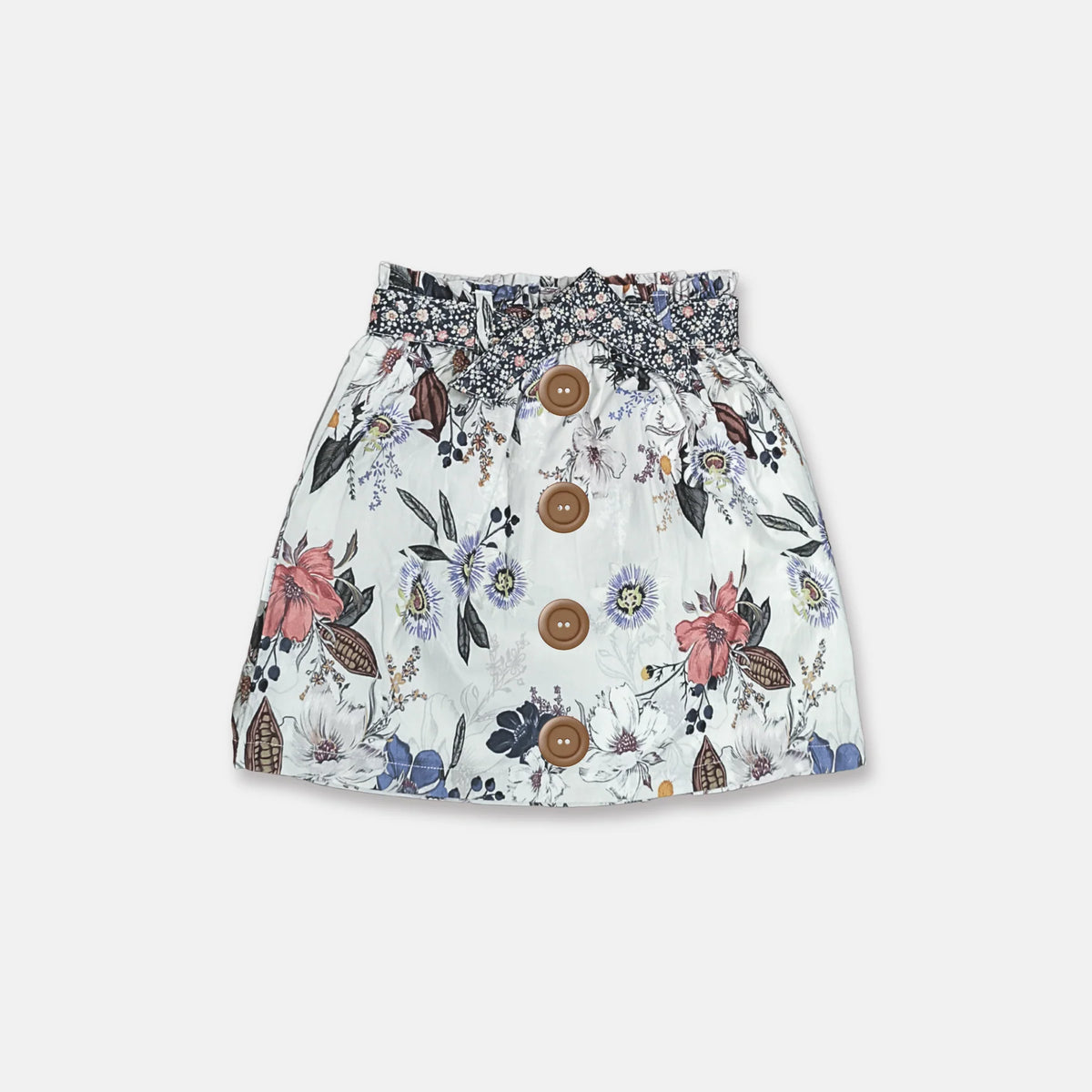 A white A-line skirt with a colorful floral print, featuring a buttoned waistband with brown buttons.