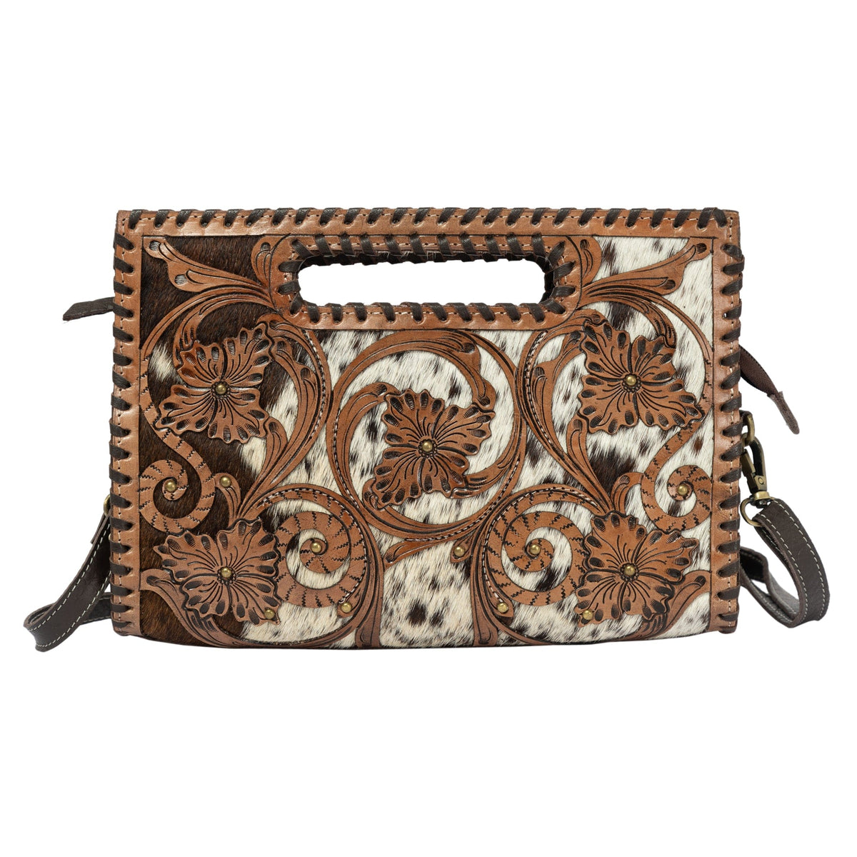 Messina Brown Cowhide Medium Bag with Tooled Cutwork The Design Edge