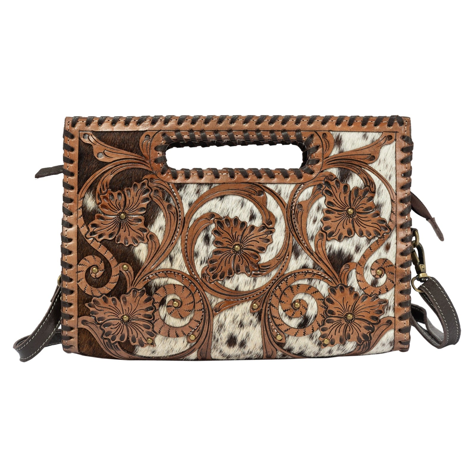 Messina Brown Cowhide Medium Bag with Tooled Cutwork The Design Edge