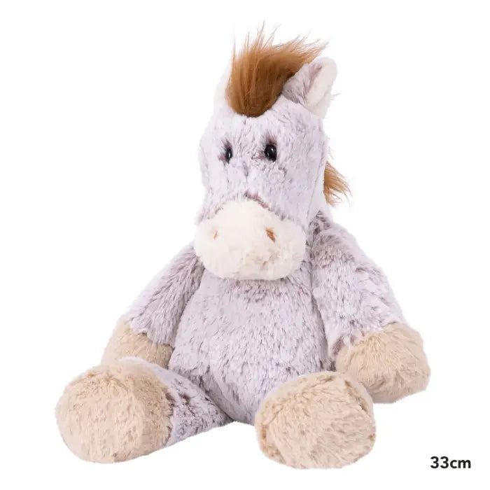 Plush horse toy with brown mane on a white background
