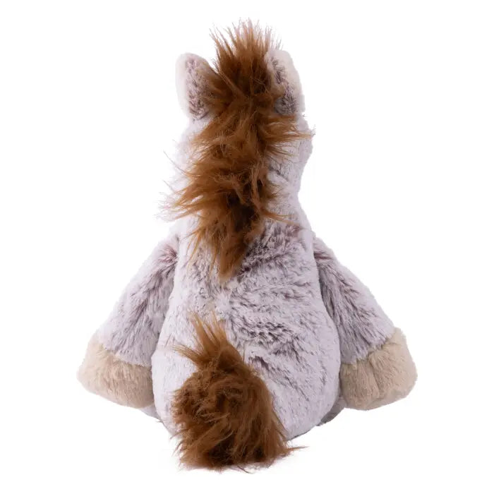 Plush toy horse with brown mane and tail on a white background