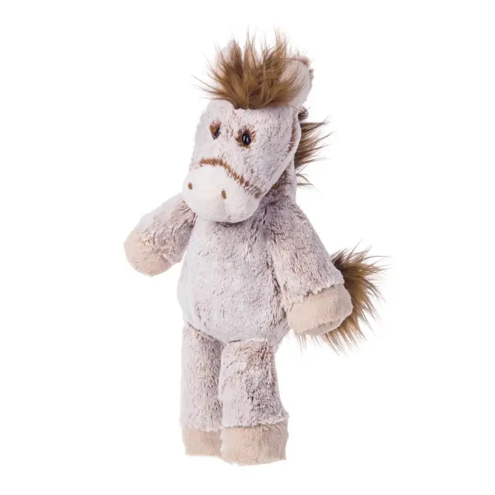Plush horse toy with brown mane on a white background