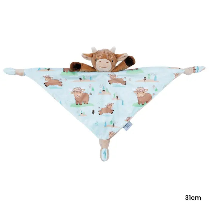 A baby security blanket featuring a plush cow on a light blue patterned fabric, with a small '31cm' size label printed in the bottom right corner.